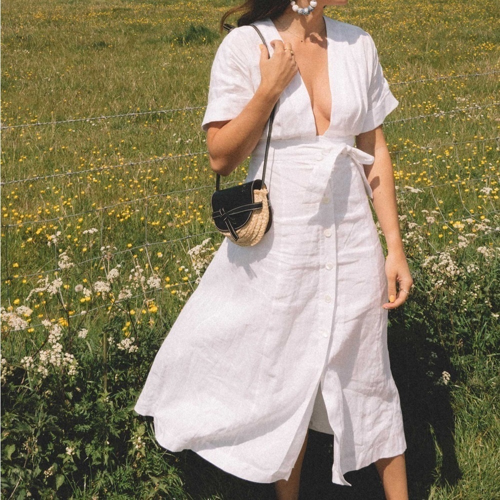 Equipment Femme White Nauman 100% Linen Deep V Neck Midi Dress Size 2 NWT